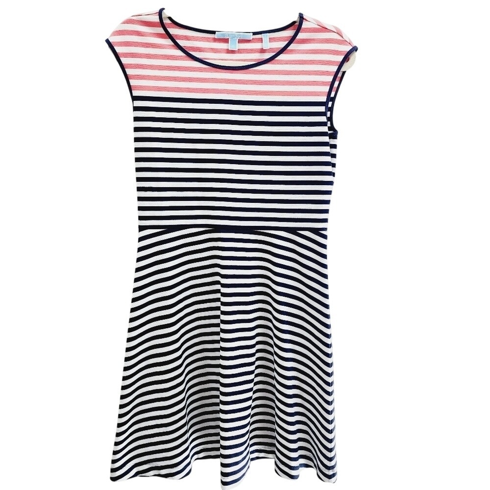 Draper James Womens Striped Fit and Flare Dress Navy Coral Pink Small DRK0464
